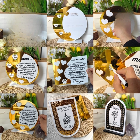 Placa Decorativa De Acrílico Día De La Madre Espejo Dorado Forma Corazón Letrero Con Base Regalo Para Mamá Decoración