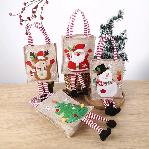 Bolsas De Regalo De Navidad De Arpillera Con Apliques De Papá Noel Muñeco De Nieve Reno Y Largas Piernas Rayadas