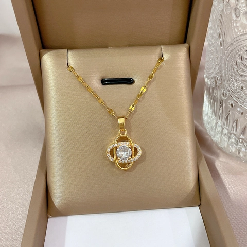 Elegant Hollow Flower Pendant Necklace Stainless Steel Chain With Copper Zirconia Inlaid Jewelry For Women Luxury Style