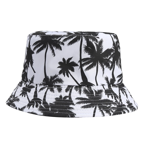 Reversible Coconut Tree Print Bucket Hat Polyester Flat Top Sun Protection Fisherman Hat For Men Women Summer Outdoor Vacation