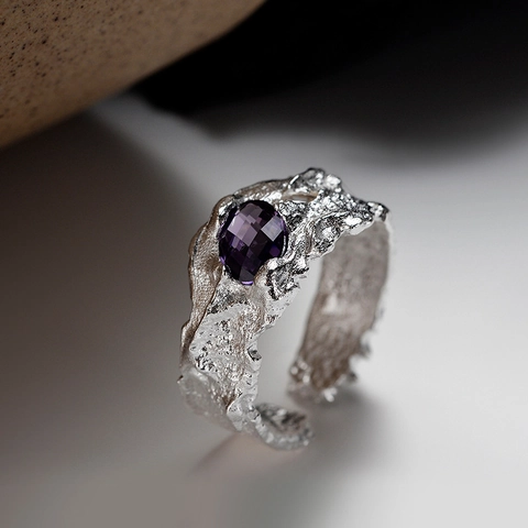 Irregular Lava Texture 925 Sterling Silver Ring Purple Gemstone Inlaid Adjustable Open Band For Women Jewelry