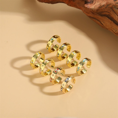 14K Vergoldet Kupfer Böser Blick Offener Einstellbarer Ring Für Damen Einfach Minimalistisch Zirkonia Emaille Bunter Fingerring Schmuck