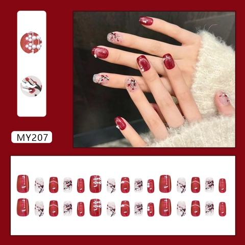 Rode Kattenoog Kunstnagels Met Witte Kunstparel En Pruimenbloesempatroon Handgeschilderde ABS Hars Vrouwen Vintage Stijl Elegant