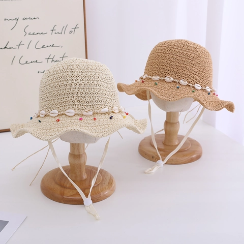 Cappello Di Paglia Estivo Bambini Tesa Larga Bordo Ondulato Conchiglia Perla Spiaggia Con Corda Antivento Traspirante