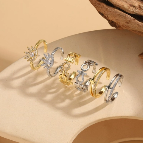 Geometric Copper Cubic Zirconia Adjustable Open Rings Cross OT Buckle Sun Eye Crown Luxury Jewelry For Women