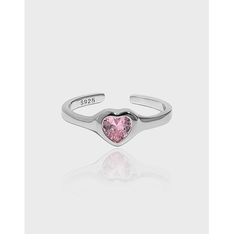 S925 Sterling Silver Pink Heart Zirconia Adjustable Opening Ring For Women Minimalist Korean Style Design Fashion Jewelry