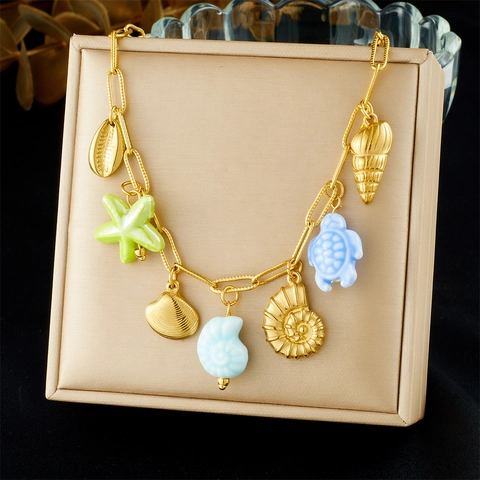 Collar De Acero Inoxidable Con Colgantes Del Océano Bañado En Oro Tortuga Marina Estrella De Mar Concha Joyería Para Mujer