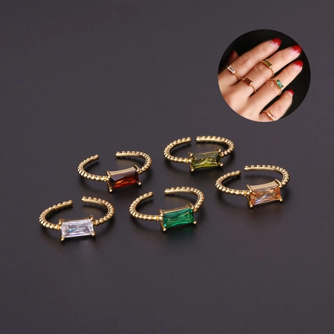 Elegante Geometrische Rechthoekige Zirkonia Verstelbare Open Vingerring Verguld Messing Kralenband Sieraden Dames