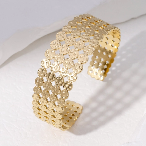 Bracciale Rigido Aperto In Acciaio Inossidabile Svuotato Geometrico Trama Martellata Bracciale Largo A Polsino Per Donna Gioielli Minimalisti