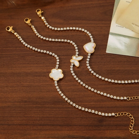 Estilo Francés Acero Inoxidable Diamante de Imitación Flor Mariposa Corazón Colgante Pulsera Collar para Mujer Joyas Chapadas en Oro