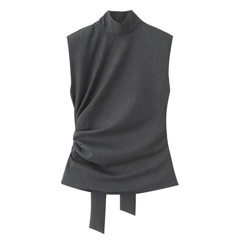 Ärmelloses Top Mit Stehkragen Und Schulterpolstern Slim Fit Elegant Dunkelgrau Tanktop Damen Mode Streetwear