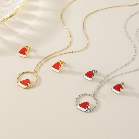 Gioielli Cappello Di Babbo Natale In Acciaio Inossidabile Smalto Rosso Collana Con Pendente E Orecchini Donna Accessori