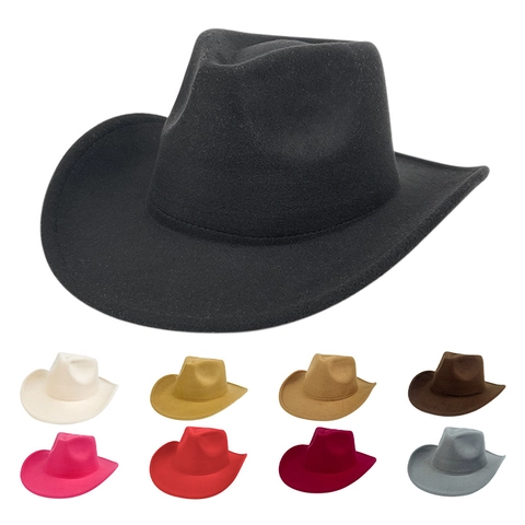 Classic Western Cowboy Hat Solid Color Wide Brim Cotton Polyester Felt Fedora Jazz Hat Vintage Style For Men Women