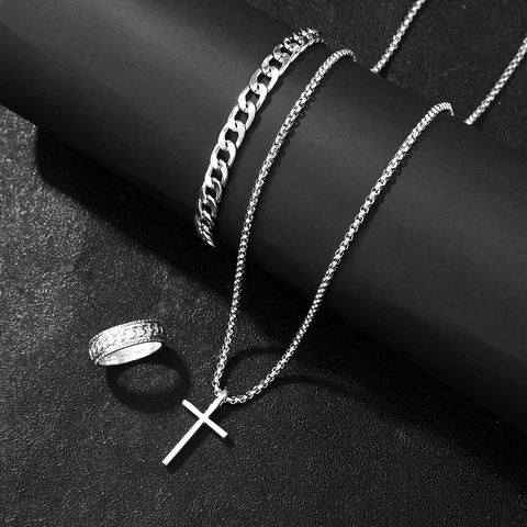 Gioielli In Lega Da Uomo Hip Hop Collana Bracciale E Anello Con Ciondolo A Croce Catena Cubana Moda Tendenza