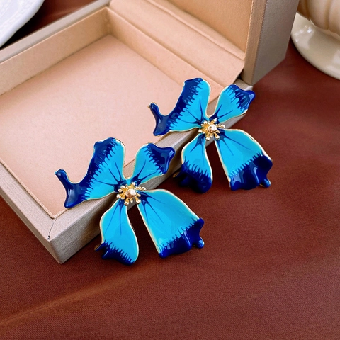 Vintage Blue Gradient Flower Stud Earrings Alloy Enamel With 925 Sterling Silver Earring Post Floral Jewelry For Women