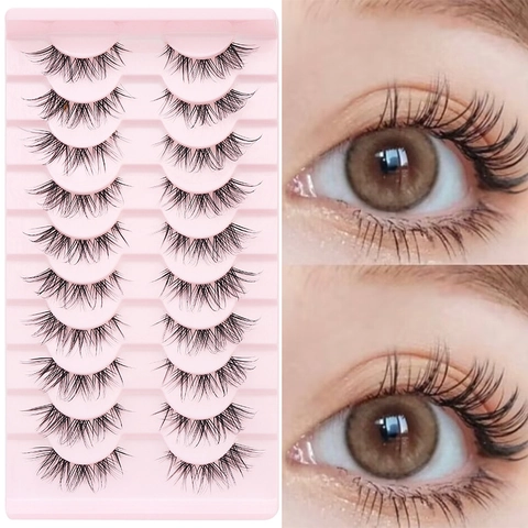 Lot de 10 Paires de Faux Cils en Fibre Synthétique Naturels Longs Style Œil de Renard Ensemble de Cils Segmentés à Base de Fil de Pêche pour Maquillage Femme