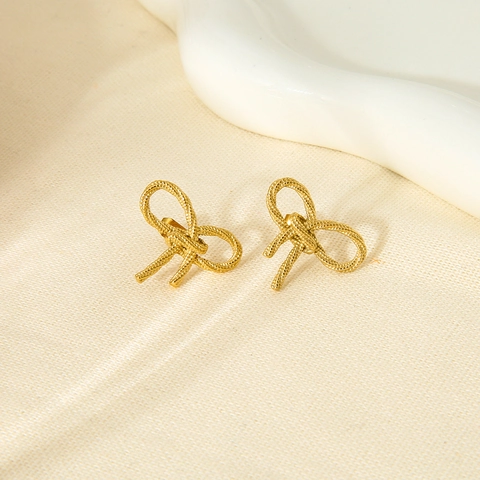 Ins Delicate Bow Stainless Steel Stud Earrings Gold Plated Tarnish Resistant Knot Texture Elegant Minimalist Jewelry For Women