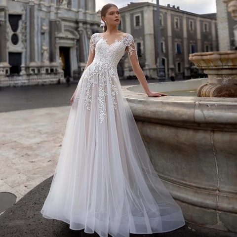Abito Da Sposa Con Scollo A V Profondo Ricamo In Pizzo Manica Lunga Tulle Abito Nuziale Elegante Bianco Per Donne