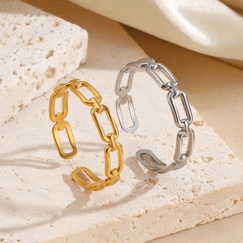 Geometric Chain Link Ring Stainless Steel Minimalist Hip Hop Style For Women Open Adjustable Rectangular Links Jewelry