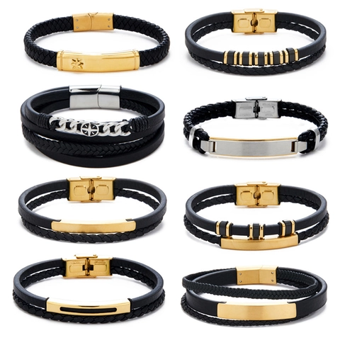 Men Personalized Woven Leather Bracelet Stainless Steel Multi-Layer Braid Bangle Punk Fashion Jewelry Gift For Boyfriend Man