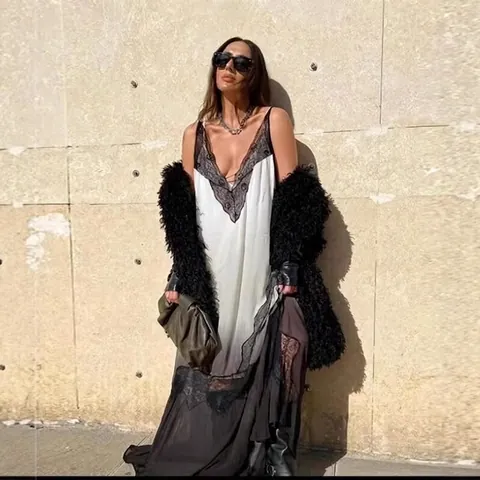 Vestito Maxi Sfumato Nero Bianco Pizzo Scollo V Senza Maniche Schiena Scoperta Poliestere Bohemien Elegante Lungo