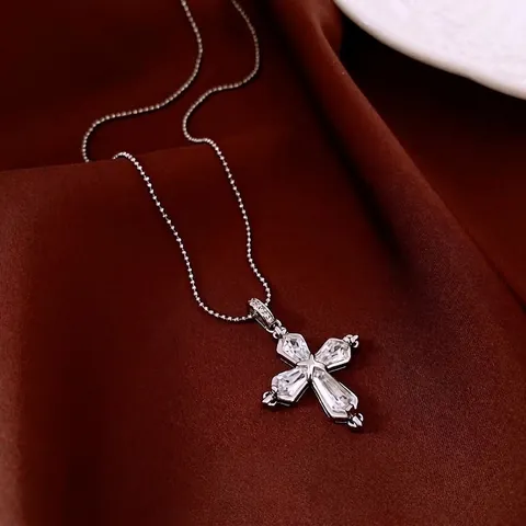 Cross Pendant Necklace Copper With Cubic Zirconia Geometric Clear Stones Ball Chain Elegant Minimalist Jewelry For Women