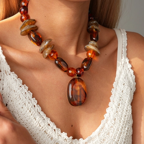 Collar De Cuentas Bohemio Vintage Con Gran Colgante Ovalado De Acrílico Ámbar Joyería Geométrica Irregular Para Mujeres