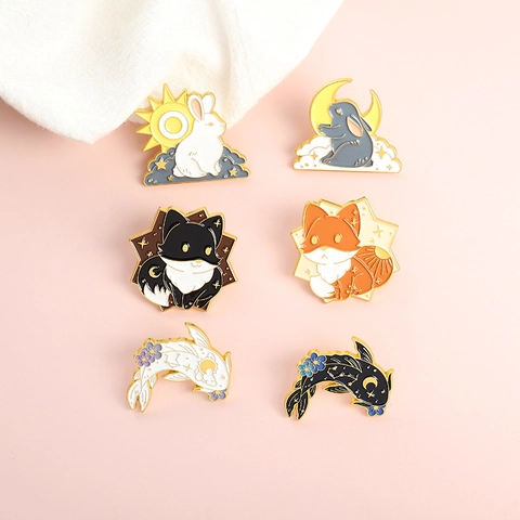 Cartoon Enamel Pin Set Alloy Animal Brooch For Clothing Bags Cute Fox Rabbit Koi Japanese Style Celestial Pin Jewelry Gift