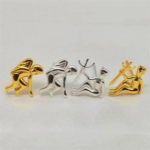 Orecchini a Bottone S925 in Argento Sterling Angelo Diavolo Figura Umana Asimmetrici Minimalisti Placcati Oro Argento Gioielli Unisex