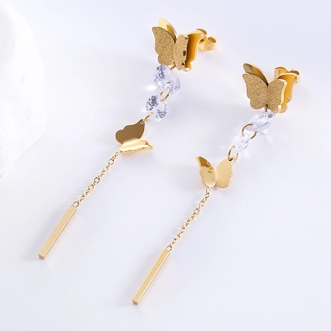 Roestvrijstalen Vlinder Kwastje Oorbellen Dames Mat Zirkoon Lange Ketting Druppel Zoete Elegante Sieraden