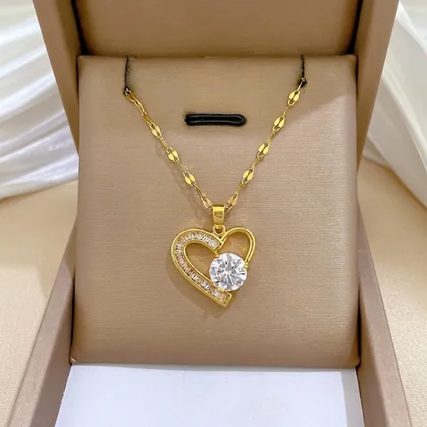 Elegant Heart Pendant Necklace Gold Plated Stainless Steel Chain Hollow Copper Inlaid Zircon Jewelry For Women