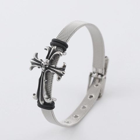 Bracciale A Maglia In Acciaio Inossidabile Con Ciondolo Croce Teschio Gotico Regolabile Gioielli Stile Punk Retro Per Uomo Donna