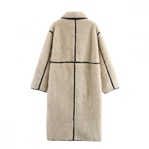Lange Faux Fur Jas Voor Dames Warme Lamswol Look Jas Zwarte Contrastbiezen Revers Enkele Rij Knopen Elegant Casual
