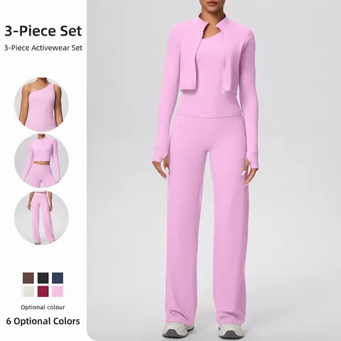 Women Yoga Outfits Nylon Spandex Jacket One Shoulder Vest Wide Leg Pants Breathable High Elastic Solid Color Athleisure