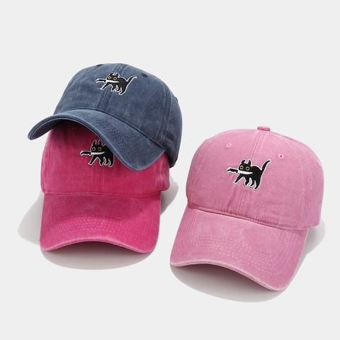 Casquette De Baseball Coton Lavé Brodé Chat Dessin Animé Avec Couteau Chapeau Soleil Ajustable Vintage Dad Hat