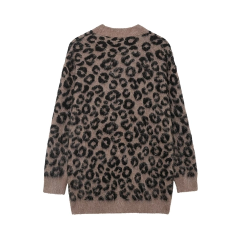 Dames Vest Met Luipaardprint V-Hals Lange Mouwen Zachte Pluizige Gebreide Trui Casual Retro Stijl Bovenkleding