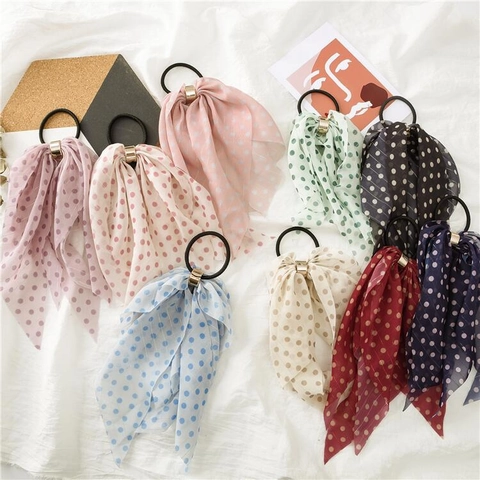 Polka Dot Bow Hair Ties Chiffon Long Streamer Scrunchies With Metal Ring Sweet Elegant Headwear For Women Girls