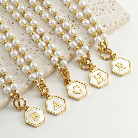 Imitation Artificial Pearl Necklace 18K Gold Plated Stainless Steel Hexagon Mother Of Artificial Pearl Letter Pendant Elegant Toggle Clasp