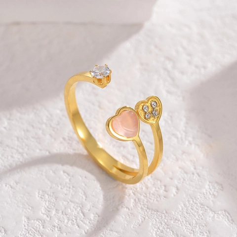 Bague Ouverte Double Cœur en Acier Inoxydable Douce pour Femmes Élégant Strass Bague de Doigt Cœur Réglable Bijoux de Mode Accessoire Cadeau