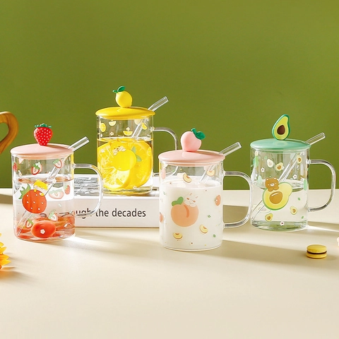 Kawaii Glass Mug Borosilicate Drinking Cup Ceramic Fruit Lid Glass Straw Cartoon Shiba Inu Print Heat Resistant Office Home Gift Box