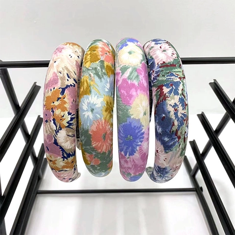 Bohemian Floral Print Padded Headband Retro Wide Fabric Sponge Hair Hoop Handmade Hair Accessories For Women