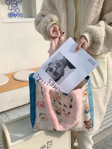 Borsa Tote In Tela Con Manici In Peluche Grande Capacità Stampa Cartoni Animati Borsa A Spalla Per Scuola Donne