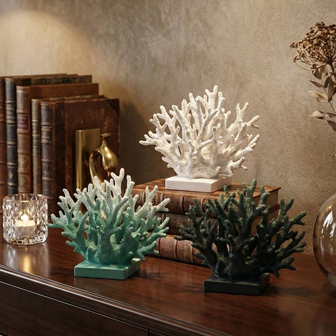 Ornamento Coral Artificial Simulación Figurilla Rama Resina Con Base Cuadrada Para Decoración Escritorio Hogar Oficina Moderna
