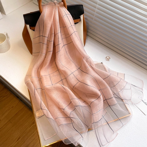 Women Elegant Silk Wool Blend Scarf Thin Pinstripe Shawl Summer Air Conditioning Room Wrap Lightweight Commuting Long Scarf