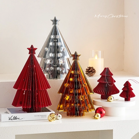 Christmas Tree Desktop Ornament 3D Origami Folding Paper Star Top Seasonal Festive Decor Modern Artistic Style