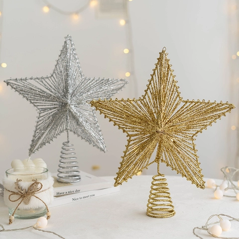 Étoile Cime De Sapin De Noël Art En Fer Pailleté Ornement Creux Décoration De Fête Étoile Brillante Pour Arbre De Noël