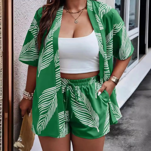 Cardigan A Maniche Corte E Pantaloncini Stampa Foglie Tropicali Vacanze Estive Donna Poliestere Moda Casual