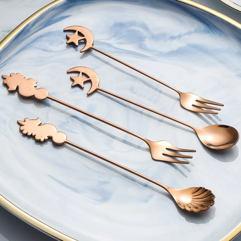 Creative 304 Stainless Steel Coffee Spoons And Forks Star Moon Unicorn Seahorse Shell Dessert Stirring Fruit Cutlery