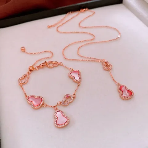 Wu Lou Gourd Charm Bracelet Necklace Rose Gold Plated Copper Pink Mother Of Artificial Pearl Zircon Inlay Elegant Jewelry For Women