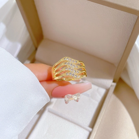 Brass Multi Layered Wave Adjustable Ring Gold Plated Hollow Out Cubic Zirconia Jewelry For Women Elegant Finger Accessory